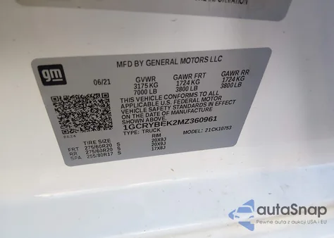 2021 Chevrolet Silverado 1500 4Wd Standard Bed Custom z USA, uszkodzony, nr VIN 1GCRYBEK2MZ360961